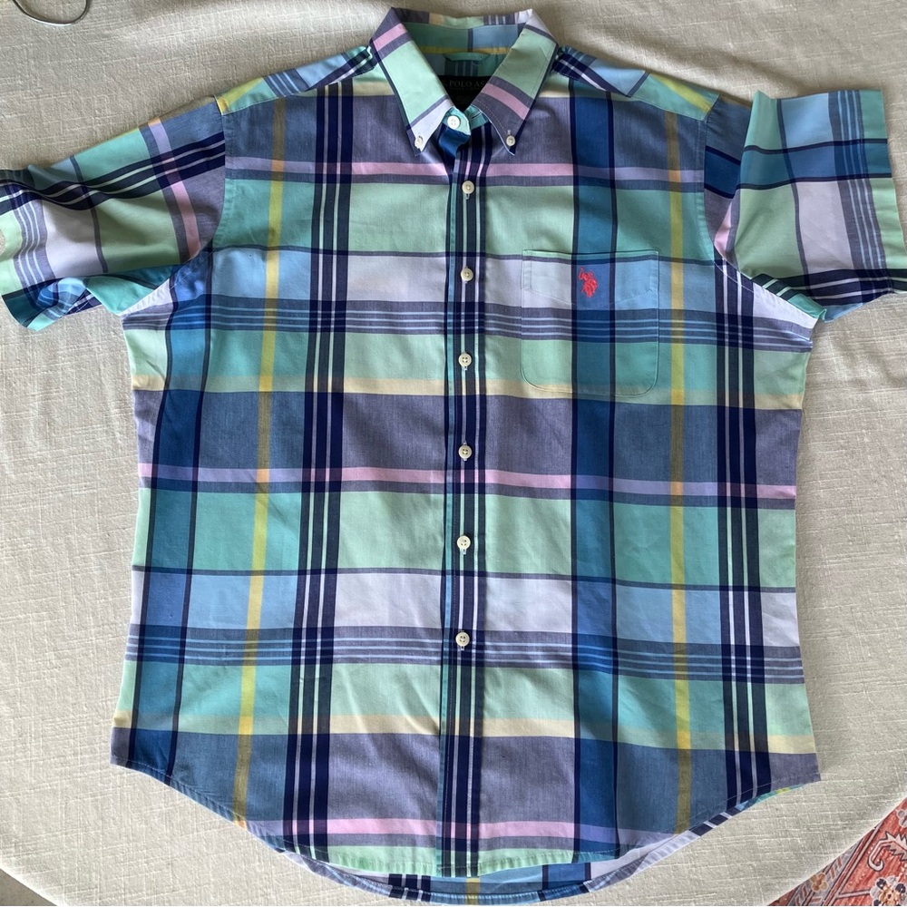US polo assn men’s plaid shirt size large button down. Blues greens